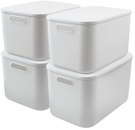 MaxEarn 4Pcs Plastic Storage Boxes with Lids, 23L Stackable Storage Baskets with Handles, 37x26x24cm Cupboard Organiser, White Organizer Containers for Bathroom, Kitchen, Office, Living Room
