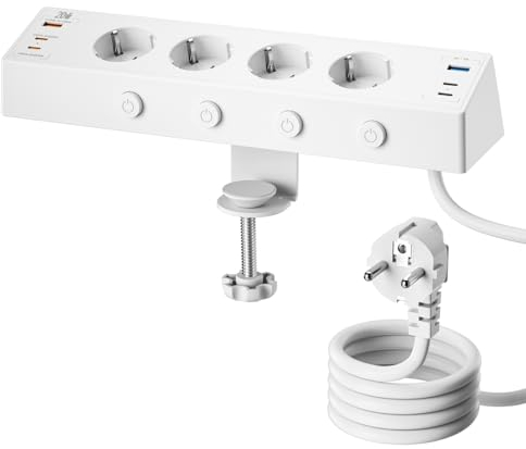 Toma de Mesa con USB C, Regleta Enchufes Proteccion Sobretension,Regleta 4 Enchufes con Conmutable Individualmente,Enchufes Multiple con Dispositivo de Sujecióncon y Cable 2M para Oficina, Blanco