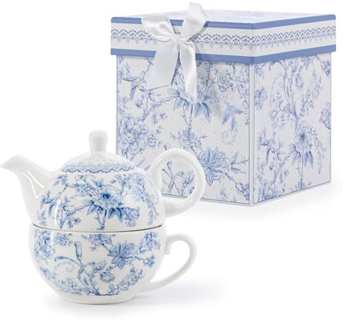 EHC Orchids Design Porcelain Tea for One Tea-Pot with Handle, Microwave Safe, Oven Safe, Dishwasher Safe, Gift Boxed, Tea Pot 490/Cup 320ml
