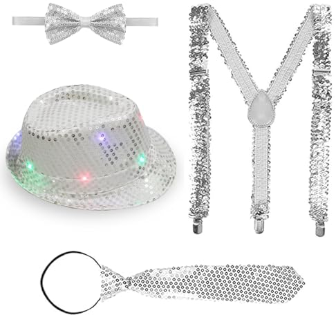 4 Stück Glitzer Accessoires Herren,Glitzer Outfit Herren,Beleuchteter Paillettenhut, Paillettenbesetzte Hosenträger, Fliegen, Krawatten,Paillettenkostüm in Silberner Farbe, Geeignet Für Karneval
