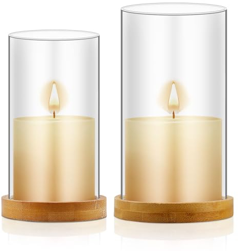 2er Set Windlicht Glaszylinder, Kerzenständer Glaszylinder Mit Holzpalette, Glas Kerzenständer Kerzenhalter Kerzenglas Windlicht Glaszylinder Für Kerzen Hochzeit Tischdeko(85 * 150mm+95 * 200mm)