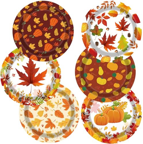 UROINEPA Fall Thanksgiving Turkey Maple Leaf Plates 60PCS (Fall Maple Leaf Plates)
