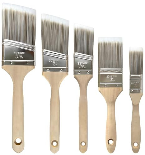 Paint Brush Set, 5 Pack Angled & Straight Brushes, Wood Handle, Premium Wall Brush Set for House, Furniture, and Wall Painting - Masonry, Fence, Wood & Varnish Brush (5 Size)
