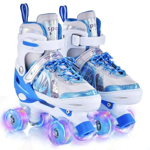 TOMSHOO Rollschuhe Kinder, Roller Skates mit 4 Größen Verstellbar, LED Rädern, Mehrere Größenoptionen, für Weihnachts und Geburtstags Geschenke, Größe L, Blau