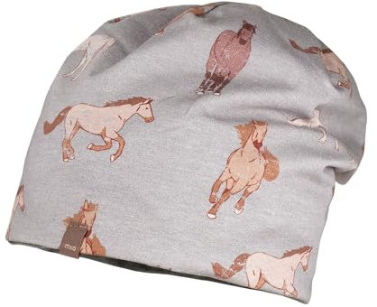 maximo Mini-Beanie für Mädchen und Jungen, Herbst/Winter, Reversible Jersey Bedruckt mit Futter, grau mit Pferden, Gr. 53