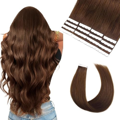 Vlasy Tape Extensions Echthaar 30cm Mini Tape in Extensions Echthaar Mittelbraun Gerade Tape Haarverlängerungen Echte Menschliches Haar Natürliche Invisible Tape Hair Extensions 6# 16 Stück