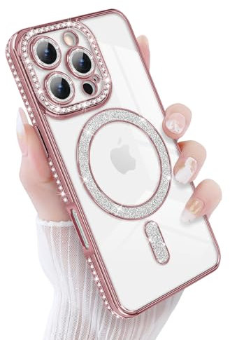 Newseego Magnetic Sparkly Glitter Phone Case for iPhone 16 Pro [Compatible with Magsafe], Camera Lens Shockproof Protector Bling Diamonds Soft TPU Cover Girls Women for iPhone 16 Pro-Pink
