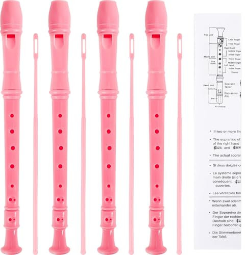 SANNIX 4 Stück Blockflöteninstrument, 8 Loch Deutscher Stil Sopran Blockflöte für Anfänger, Blockflöte mit Reinigungsstab, Musikinstrument (Rosa)