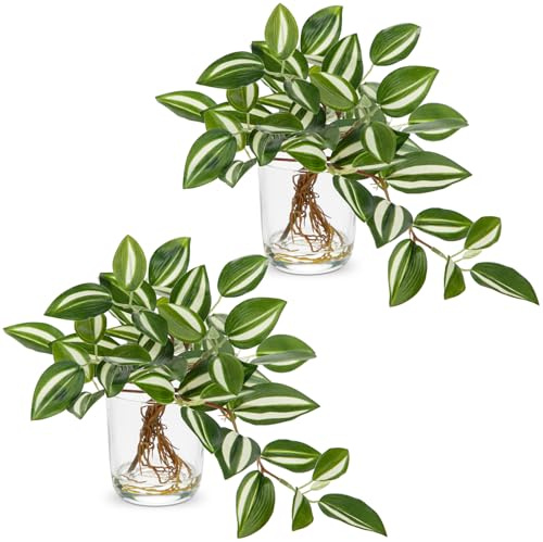Arborus 2 STK Kunstpflanzen in Vase Künstliche Pflanzen Klein Tisch Deko | Tradescantia Künstlich wie Echt Fake Pflanzen im Glas Regal Fensterbank Esstisch Balkon Deko im Wohnzimmer Esszimmer