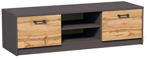 Home Collective TV-Schrank 120cm breit Lowboard Fernsehtisch mit 2 Türen und 1 Regal, aus laminiertem Board, abgerundete Kante und Metall-Rollschienen Fernsehkommode Graphit Eiche