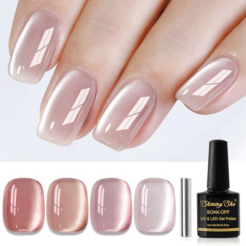 Shining She UV Nagellack Jelly Magnet CatEye,4 Farben Klassischer Kristalle Cat Eye Nude Rosa UV Gel Nagellack Soak-Off Uv nagellack Set für Nagelkunst French Maniküre Salon,8ML