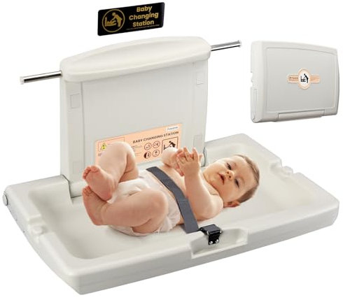 Horizontal Baby Changing Unit, Diaper Changing Table and Sign, Wall Mounted Baby Changing Station with Safety Strap, Nursery Changer Tables for Commercial Bathroom Grey White