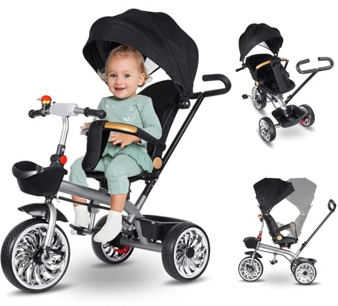 Vinteky Tricycle bébé évolutif, Tricycle Explorer 4 en 1,Accessoires Pratiques,Trike Bébé, évolutif en draisienne pour Les Tout-Petits de 6 Mois à 5 Ans, Grand Panier Sac, Porte-gobelet, Pliable,noir