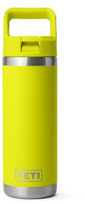 YETI Rambler - Botella de acero inoxidable aislada al vacío de 18 onzas, con tapa de popote a juego, color amarillo luciérnaga