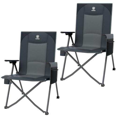 EVER ADVANCED Luxury Camping Chair Folding for Adults Set of 2 Heavy Duty 350lbs, Garden Chair Reclining Padded with Cup Holder Side Pocket, Foldable with 4-Position Adjustable Back, Grey