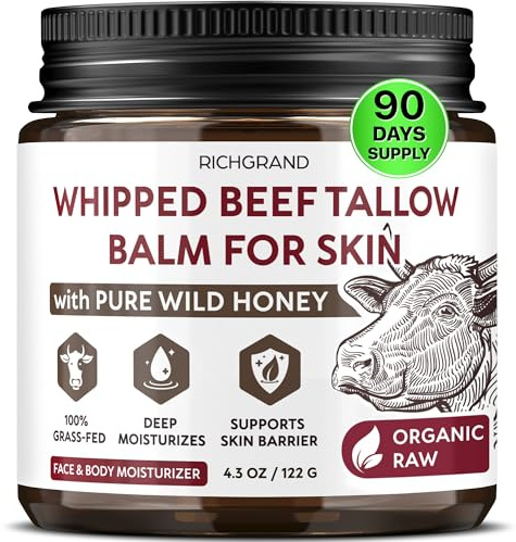RICHGRAND Beef Tallow for Skin - Whipped Tallow and Honey Balm - Grass Fed Beef Tallow for Face, Daily Moisturizer & Body Butter - Natural Non Comedogenic Skincare (4.3 oz)