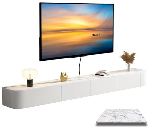 MWIDCIEW 300cm Floating TV Unit with Flip-Down Doors & Drawers, Modern Wall-Mounted TV Cabinet, Floating TV Media Units Shelf with Storage for Living Room, Bedroom, Marble Texture – Fully Assembled