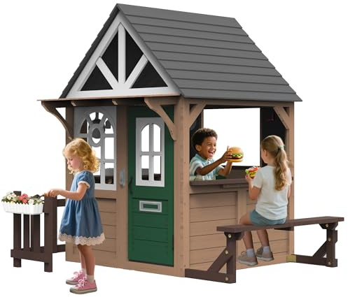 Seizeen Outdoor Play House for Kids, Fir Wooden Kids Playhouse Outdoor Indoor Cottage Toddler Playhouse with Kitchen, Dutch Door, Bench, Flowerpot Holders, Working Doorbell, Pet Hole, Clock (Brown)