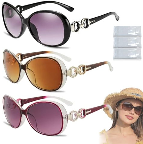 SUpoetry 3 Pièces L-unettes de S-oleil Vintage, L-unettes de Soleil UV400 Femme, Lunettes de Soleil Polarisées pour Femmes Avec Chiffon, Lunettes de Soleil Verres Mode Anti UV (Noir/Violet/Brun)