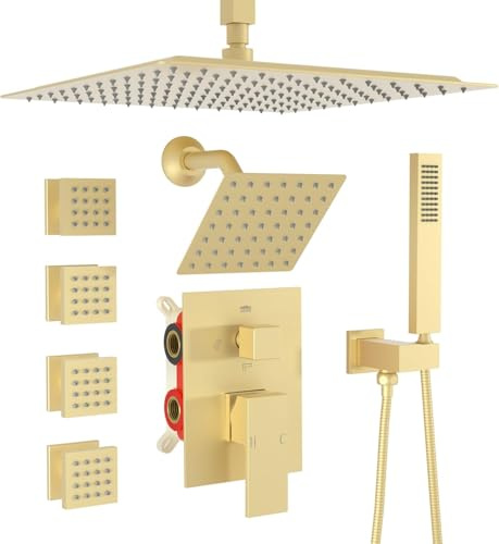 GETSHOWERSET Dual Shower Head Shower System with Body Spray Jets, 12 Ceiling and 6 Wall Mount Head Rainfall Shower Faucet Set with Valve Kit Brushed Gold