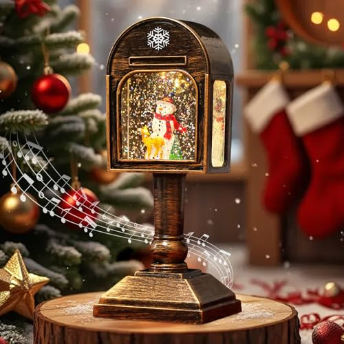 Weihnachtsdeko Laterne, Weihnachtslaterne, Weihnachts Schneekugel Laterne mit Musik, Weihnachts Schneekugel Laternen,Vintage LED Schneelaterne mit Glitzernde,Beleuchtete Windlicht für Weihnachten Deko