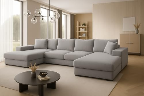A&J MöbelLand Ecksofa VIENA 328x182 cm mit Schlaffunktion, Bonellfederkern und Bettkasten in Hellgrau – modernes Schlafsofa mit Stauraum