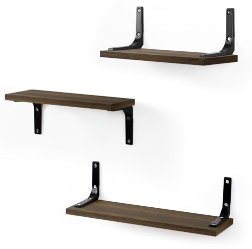 FRIBERG Mensola a muro in legno, set da 3, mensole decorative per pareti, mensole per spezie, per soggiorno, camera da letto, ufficio, bagno o cucina (marrone vintage-nero)