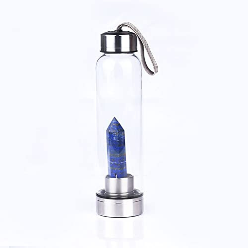 550 Ml Natural Quartz Glass Bottle Reusable Crystal Water Bottlel With Lapis Lazuli Gemstones Core Crystal Obelisk Wand Point Reiki Healing Energy For Making Elixir Infused Gem Water
