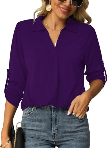 Odosalii Womens Blouses Elegant 3/4 Sleeve Ladies Tops Loose Flowy Shirts Purple UK Size 18