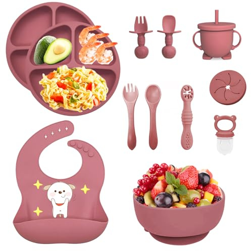 Vajilla Bebe Silicona, 12 Piezas Juegos de Vajilla Bebe Antideslizante con Platos Cuenco Babero Cuchara Bebe Taza, Cubiertos Bebe, Baby Led Weaning, Sin BPA, Cubiertos Infantiles (Rosa oscuro)