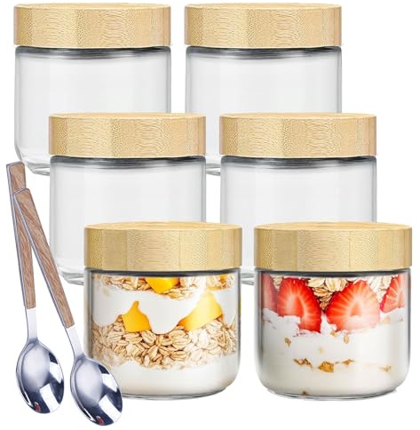CAAGGMM Pots pour Overnight Oats, 6 Pieces 300 Ml Pot Yaourt en Verre avec Couvercle, Bocaux en Verre Hermétique avec 2 Cuillère, pour Yaourt, la Farine, la Salade, les Légumineuses