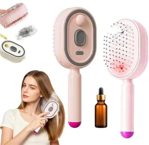 3 en 1 Brosse vapeur électrique, lisseur rechargeable anti-statique avec peil à démêler, brumisateur intégré, coiffage et contrôle des frisottis, spa à domicile portable USB (Rose)