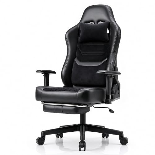 JUMMICO Gaming Stuhl Belastbar bis 200 KG, Schwerer Ergonomischer Bürostuhl mit 2D Armlehnen, Fußstütze, 90°-160° Verstellbarem Schreibtischstuhl, Schwarz