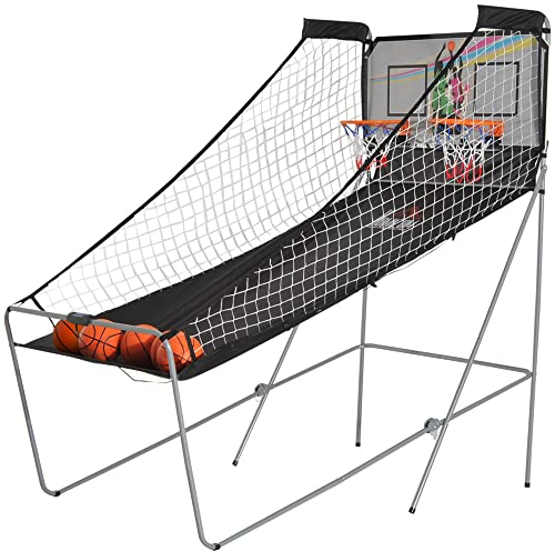 HOMCOM Juego de Canastas de Baloncesto Plegables y Portátiles con Contador Electrónico Doble y 4 Pelotas de Baloncesto con Soporte de Acero y Color Negro y Blanco 205x110x205cm (PxANxAL)