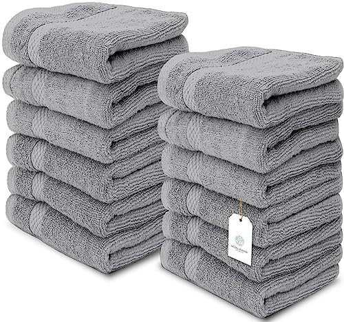 White Classic Luxury Cotton 12 Pc Flannel Set, Hotel Style Small Bath Towel and Face Cloth 33x33 cm, Light Grey Soft Plush Flannels Pack of 12, Thick High Absorbent Wash Clothes, Face Towels