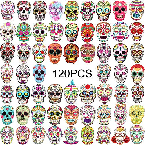 120 Stück Totenkopf-Aufkleber Halloween Sugar Skull Decals Dia de Los Muertos Mexikanischer Tag der Toten Aufkleber für Laptop Wasserflasche Gepäck Fahrrad Computer