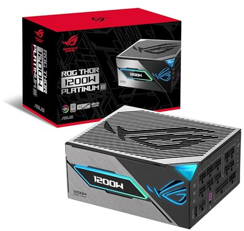 ASUS ROG Thor 1200W Platinum III Fuente de alimentación, 80 Plus Platinum, ATX 3.1, MOSFET GAN, Estabilizador de Voltaje Inteligente, Pantalla OLED magnética, Modo Turbo, 10 años de protección