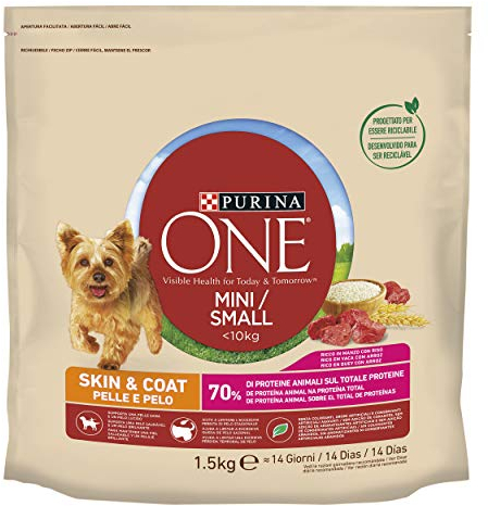 Purina One Mini < 10 kg Haut und Fell Trockenfutter für kleine Hunde Rind und Reis, 6 Packungen zu je 1,5 kg