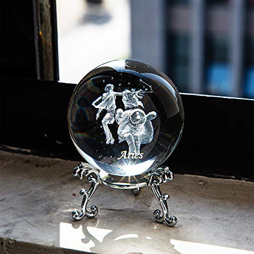 HDCRYSTALGIFTS 3D-Laser-Konstellationskugel aus Kristall, Briefbeschwerer, volle Kugel, Fengshui mit versilbertem Blumenständer (Widder)