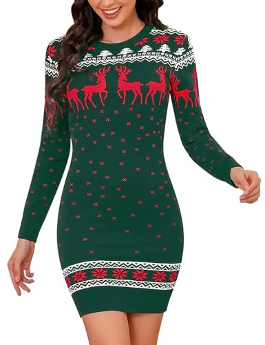 Totatuit Vestito in Maglione Donna Elegante Abito in Maglia Invernale Vestiti Maglioni a Manica Lunga Natalizi Albero Stampa Verde S