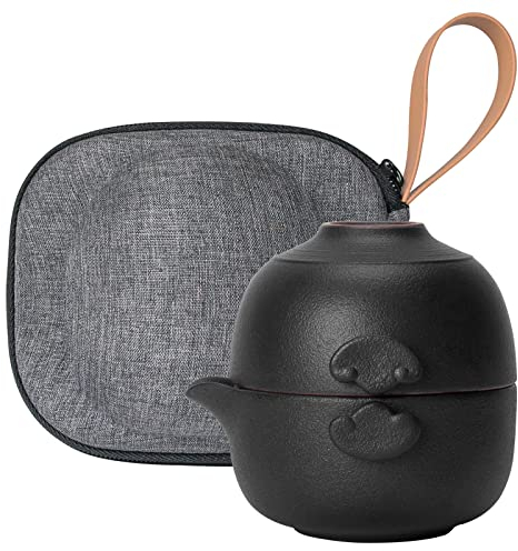 HEER Chinese Travel Gaiwan Tea Set for One, Ceramic Small Kungfu Teapot with Teacup for Adults, Black Japanese Style Tea Accessories Birthday Gift for Tea Lovers.