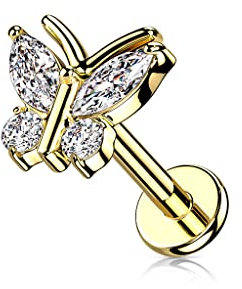 BlackAmazement 316L Edelstahl Labret Monroe Tragus Helix Ohrstecker Schmetterling Butterfly 6mm 8mm Zirkonia CZ rose gold silber Damen (Farbe Gold- Stablänge 8mm)