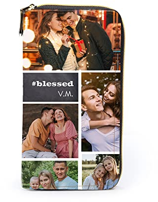 Glooraca Personalisierte Foto Geldbörse Damen Geldbörse mit Mehreren Kartenfächern Leder Geldbörse Große Kapazität Personalisierte Foto Brieftasche für Benutzerdefinierte Geschenke, Blau und gestreift