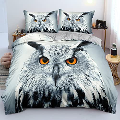 Gezu Bettwäsche 200x200cm Eulenmotiv Grau Kinder Erwachsene Wende Bettwäsche Set 3D Effekt Druck Microfaser Bettbezug und 2 Kissenbezüge 80x80cm mit Reißverschluss