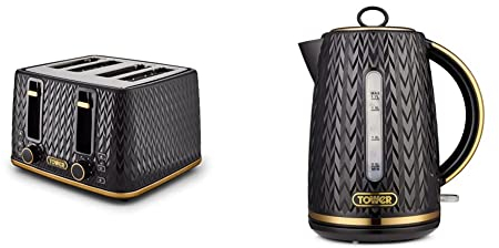 Tower T20061BLK Empire 4-Slice Toaster with Defrost/Reheat, Removable Crumb Trays, 1600W, Black and Brass & T10052BLK Empire Rapid Boil Kettle with Removable Filter, 3000W, Black and Brass