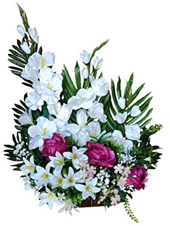 DRW Zentrum für künstliche Blumen Friedhof, Heiligen, Jubiläen, Runde lila Rosen und Gladiolen 50 cm x 60 cm Höhe x 25 cm