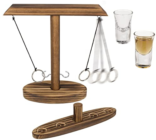 MIK funshopping Witziges Trinkspiel Partyspiel Saufspiel für Erwachsene Silvester Geburtstagsparty (Ringwurf-Trinkspiel aus Holz mit 2 Shot-Gläser)