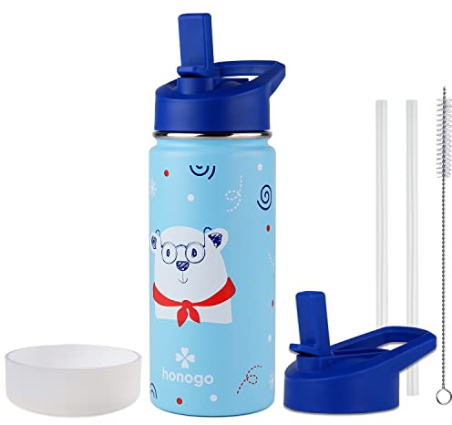 honogo 16 oz Stainless Steel Insulated Kids Water Bottle, Leak Proof Metal Thermal Flask with Straw lid, Cute Toddler Tumbler Cup for School Girls & Boys (Blue, Bear)