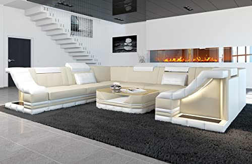 Sofa Dreams Stoff Wohnlandschaft Bianchi - mit LED Beleuchtung, verstellbare Kopfstützen, Mikrofaser/Ausrichtung wählbar (Lange Seite Links, Weiss-Elfenbein)