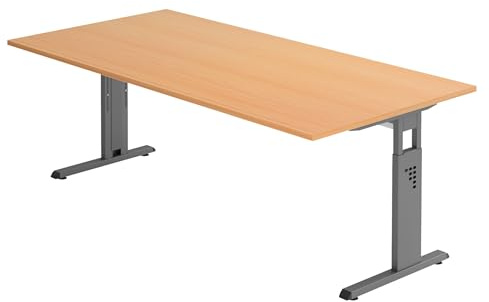 bümö höhenverstellbarer Schreibtisch O-Serie 200x100 cm in Buche, Gestell in Graphit - großer PC Tisch für's Büro manuell höhenverstellbar, Computertisch verstellbar